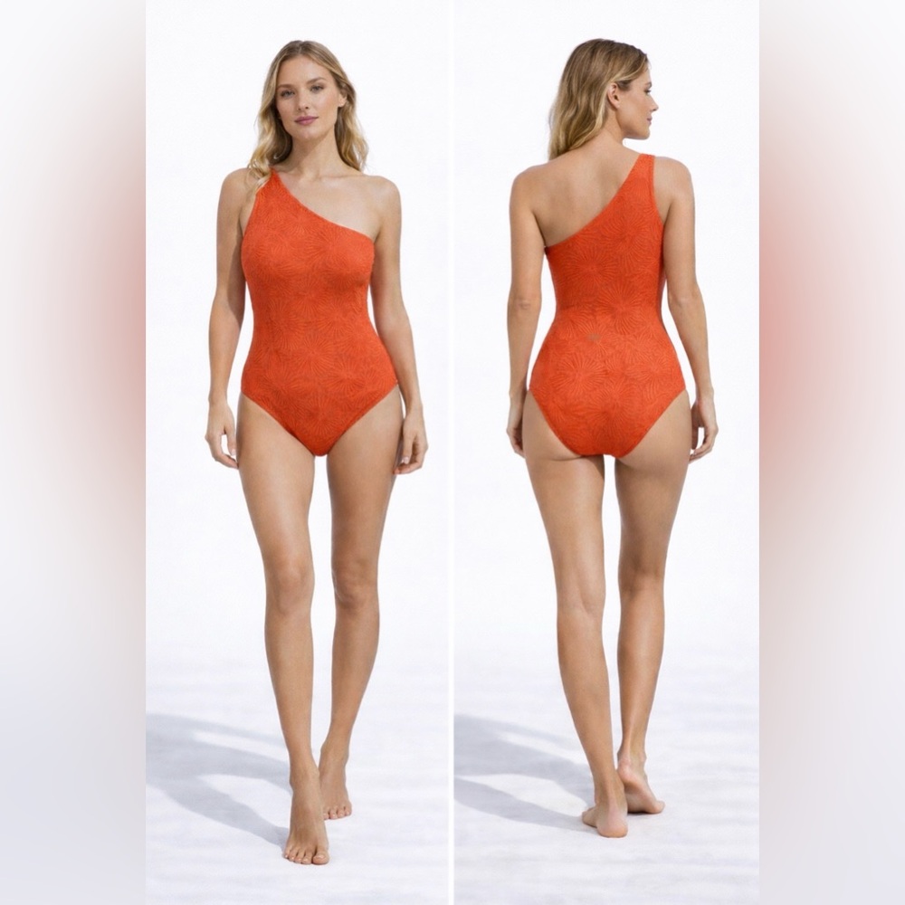 Berlook Textured One Piece Swimsuit 16 Orange One Shoulder Reversible NEW w Bag